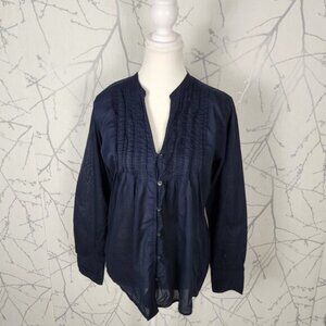 Eddie Bauer Navy 100% Cotton Pintuck Pleated V-Neck Blouse